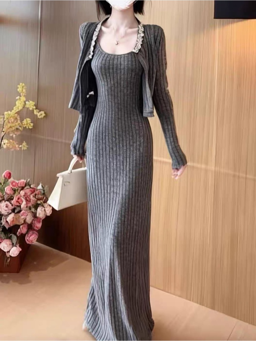 Ribbed Knit Maxi Dress with Cropped Cardigan - Gray